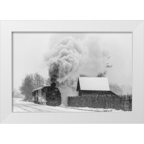 Old Train Hutulca White Modern Wood Framed Art Print by Dorin Lucian, Sveduneac