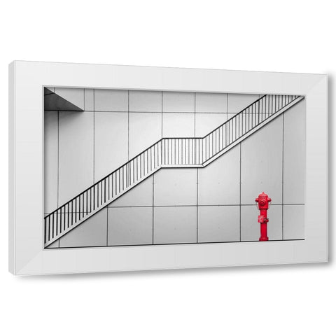Fire Escape And Tap. White Modern Wood Framed Art Print by Van Maastricht, Henk