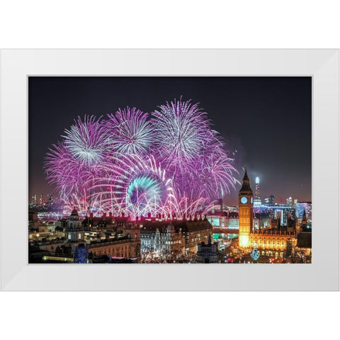 New Year Fireworks White Modern Wood Framed Art Print by Marsden, Stewart