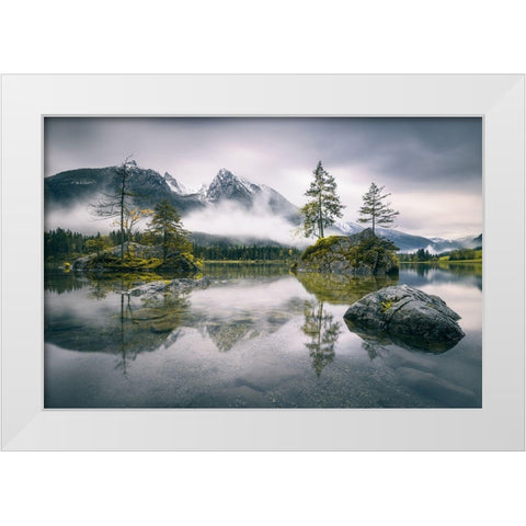 Rainy Morning At Hintersee (Bavaria) White Modern Wood Framed Art Print by Wiemer, Dirk
