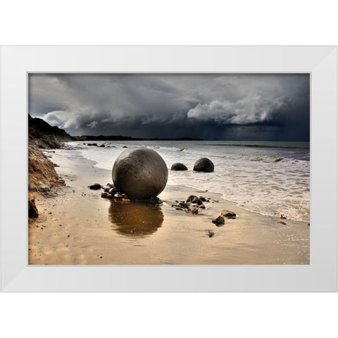 Moeraki Round Boulders White Modern Wood Framed Art Print by Tzur, Yair