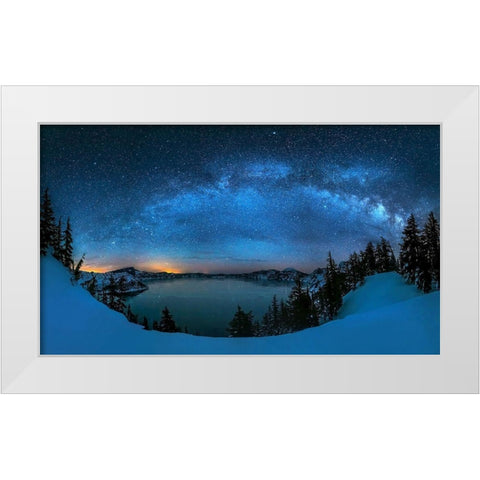Starry Night Over The Crater Lake White Modern Wood Framed Art Print by Zhu, Hua