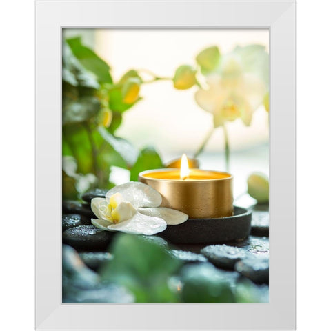 Zen Orchid And Candle White Modern Wood Framed Art Print by Bsmart