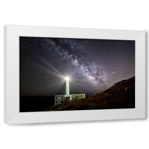 The Lighthouse And The Milky Way White Modern Wood Framed Art Print by Chiriaco, Luigi