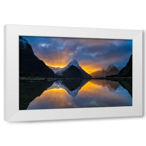 Milford Sound Sunset White Modern Wood Framed Art Print by Zhu, Hua