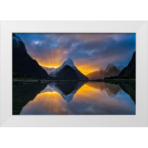 Milford Sound Sunset White Modern Wood Framed Art Print by Zhu, Hua