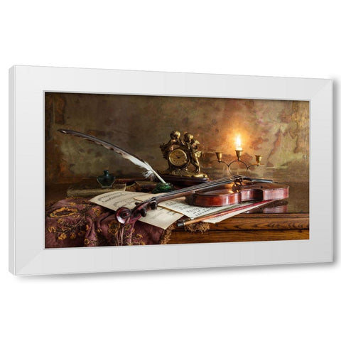 Still Life With Violin And Clock White Modern Wood Framed Art Print by Morozov, Andrey