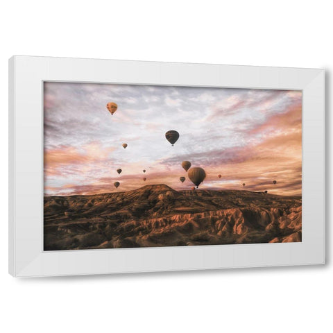 Cappodocia Hot Air Balloon White Modern Wood Framed Art Print by Yorgancilar, Ayse