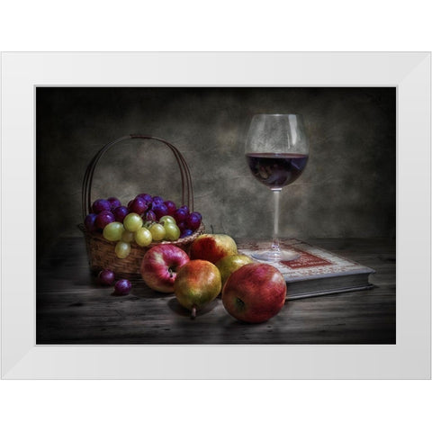 Wine-Fruit And Reading. White Modern Wood Framed Art Print by Osuna, Fran