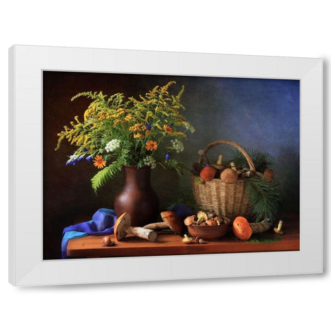Still Life With Mushrooms And Bouquet White Modern Wood Framed Art Print by Skorokhod, Tatyana