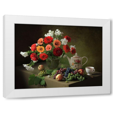 Still Life With A Bouquet Of Zinnias And Fruit White Modern Wood Framed Art Print by Skorokhod, Tatyana