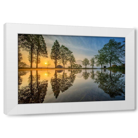 Mount Fuji Reflected In Lake -Japan White Modern Wood Framed Art Print by Whanset, Chanwit