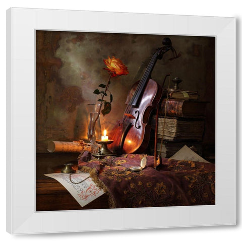 Still Life With Violin And Rose White Modern Wood Framed Art Print by Morozov, Andrey