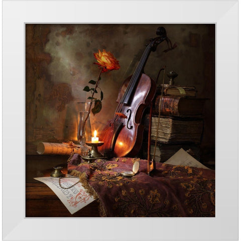 Still Life With Violin And Rose White Modern Wood Framed Art Print by Morozov, Andrey