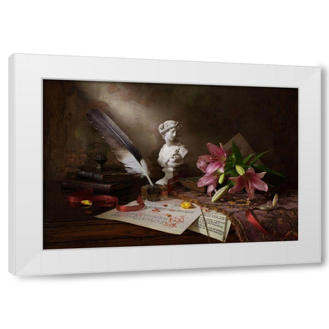 Still Life With Lily And Bust White Modern Wood Framed Art Print by Morozov, Andrey