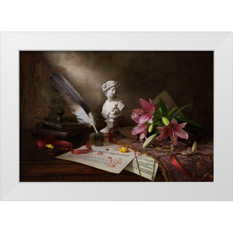 Still Life With Lily And Bust White Modern Wood Framed Art Print by Morozov, Andrey
