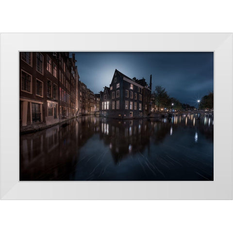 The House Under The Moonlight White Modern Wood Framed Art Print by De La, Javier