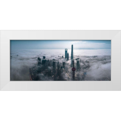 Shanghai In The Fog From Above White Modern Wood Framed Art Print by Huang, Stan