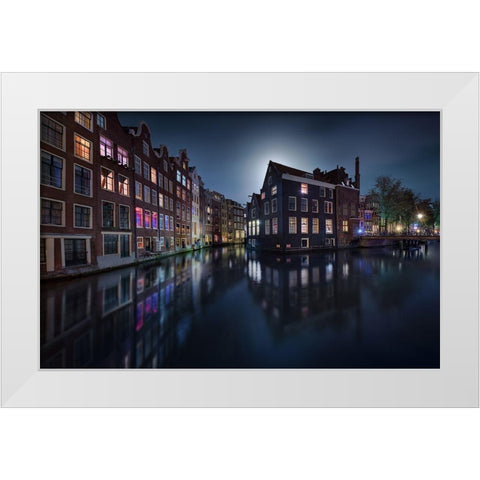 Moonlight Over Amsterdam White Modern Wood Framed Art Print by M. Garcia, Jesus
