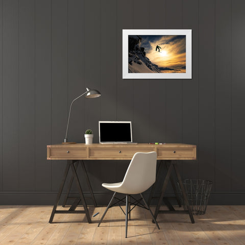 Sunset Snowboarding White Modern Wood Framed Art Print by Sanne, Jakob