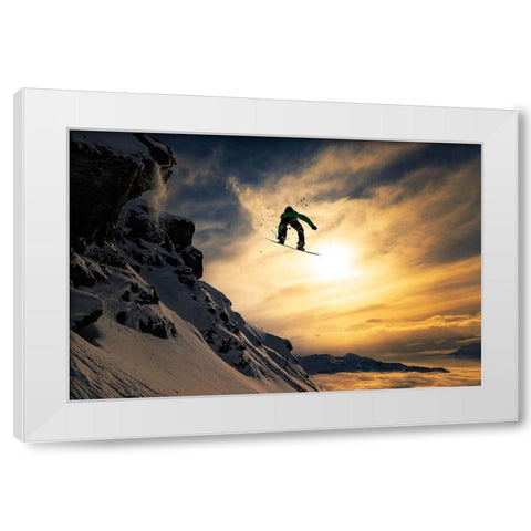 Sunset Snowboarding White Modern Wood Framed Art Print by Sanne, Jakob