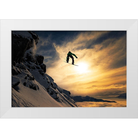 Sunset Snowboarding White Modern Wood Framed Art Print by Sanne, Jakob