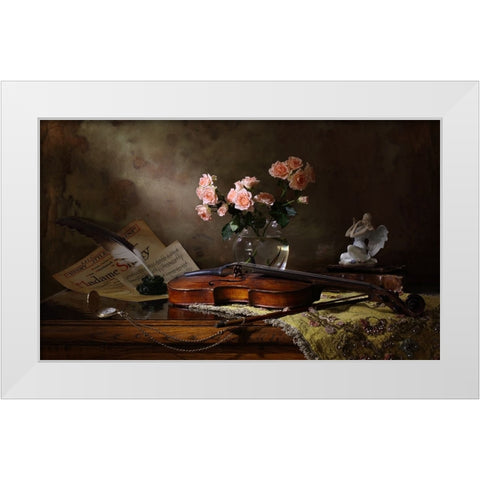 Still Life With Violin And Roses White Modern Wood Framed Art Print by Morozov, Andrey