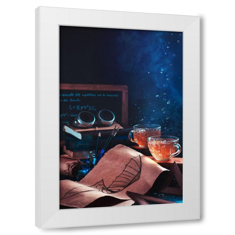 Steampunk Tea (With Goggles And Blueprints) White Modern Wood Framed Art Print by Belenko, Dina