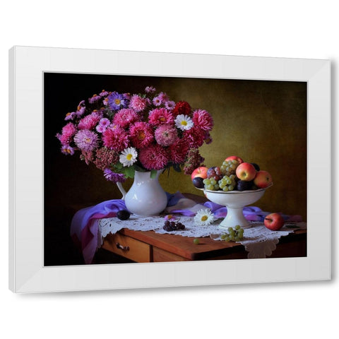 Still Life With A Bouquet Of Asters And Fruits White Modern Wood Framed Art Print by Skorokhod, Tatyana