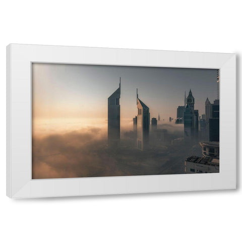 Fog Lockdown On The City Of Steel White Modern Wood Framed Art Print by Huang, Stan
