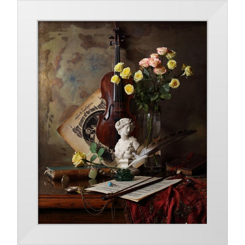Still Life With Violin And Bust White Modern Wood Framed Art Print by Morozov, Andrey