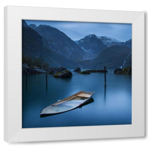 Twilight On The Lake At The Glacier Folgefonna White Modern Wood Framed Art Print by Yuppidu
