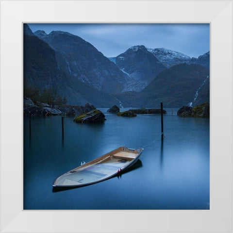 Twilight On The Lake At The Glacier Folgefonna White Modern Wood Framed Art Print by Yuppidu