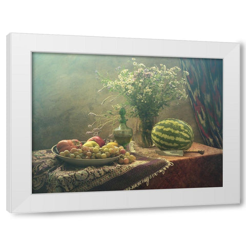 Still Life With Watermelon And Fruit White Modern Wood Framed Art Print by Ustinagreen