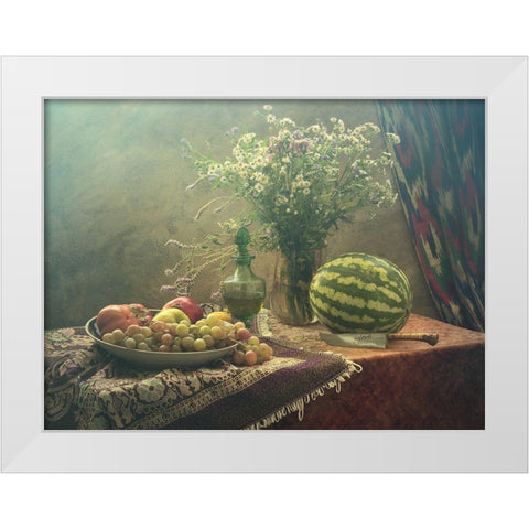 Still Life With Watermelon And Fruit White Modern Wood Framed Art Print by Ustinagreen