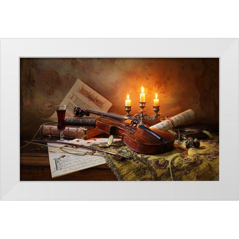 Still Life With Violin And Candles White Modern Wood Framed Art Print by Morozov, Andrey