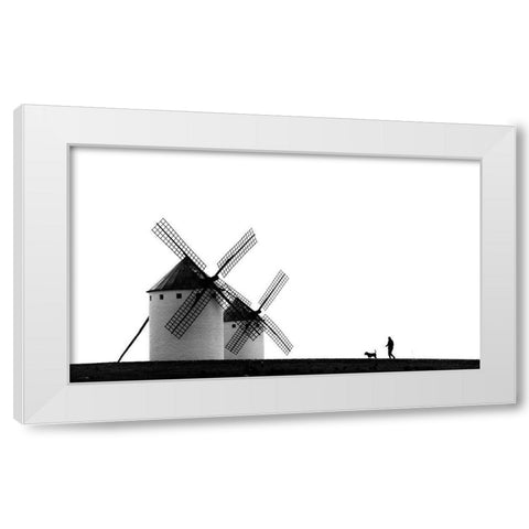 The Man-The Dog And The Windmills White Modern Wood Framed Art Print by Antonio Pardo, J.
