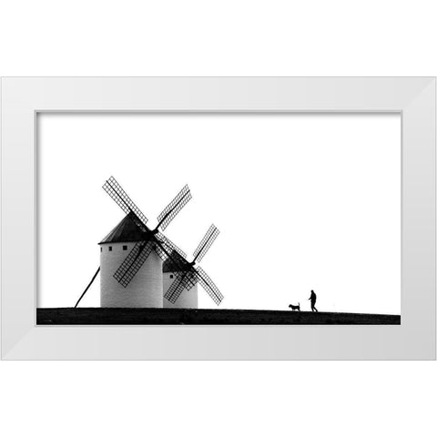 The Man-The Dog And The Windmills White Modern Wood Framed Art Print by Antonio Pardo, J.