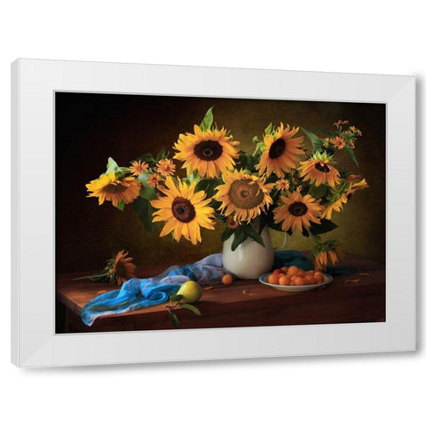 Still Life With Sunflowers And Yellow Plums White Modern Wood Framed Art Print by Skorokhod, Tatyana