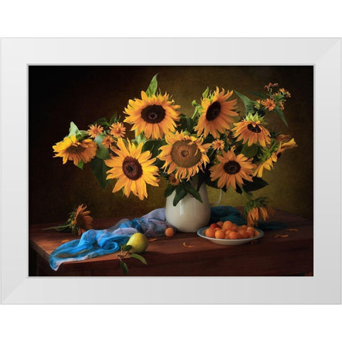 Still Life With Sunflowers And Yellow Plums White Modern Wood Framed Art Print by Skorokhod, Tatyana