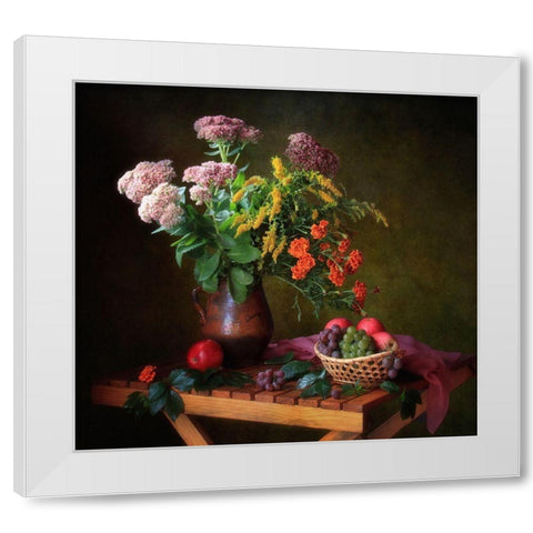 With A Bouquet And Fruits White Modern Wood Framed Art Print by Skorokhod, Tatyana