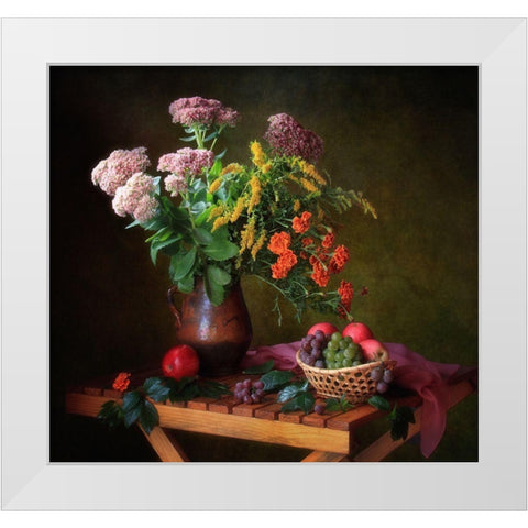 With A Bouquet And Fruits White Modern Wood Framed Art Print by Skorokhod, Tatyana