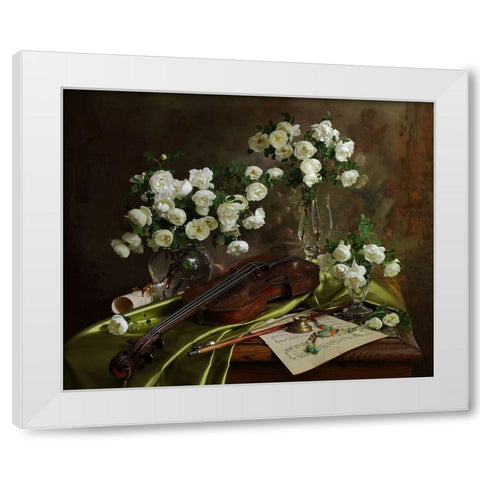 Still Life With Violin And Flowers White Modern Wood Framed Art Print by Morozov, Andrey