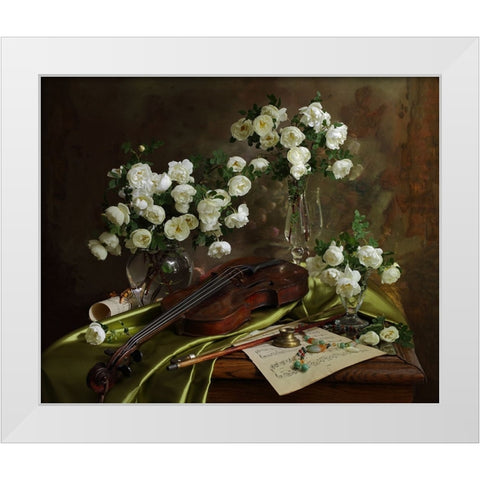 Still Life With Violin And Flowers White Modern Wood Framed Art Print by Morozov, Andrey