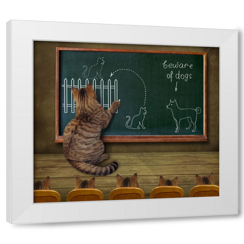 Cat Teacher And His Pupils White Modern Wood Framed Art Print by Kuznetsova, Iryna