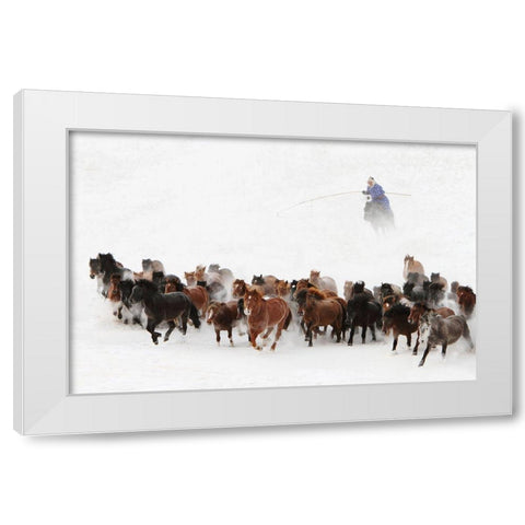 Horse Run In The Snow White Modern Wood Framed Art Print by Wong, Adam