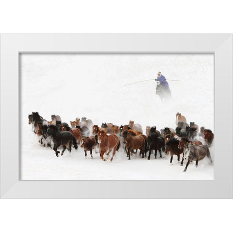 Horse Run In The Snow White Modern Wood Framed Art Print by Wong, Adam