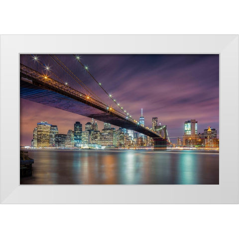 Brooklyn Bridge At Night White Modern Wood Framed Art Print by Zheng, Michael