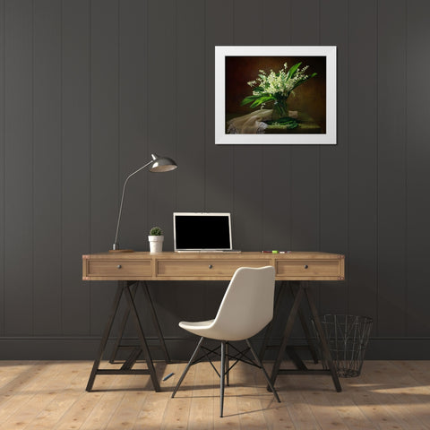 With A Bouquet Of Lilies Of The Valley White Modern Wood Framed Art Print by Skorokhod, Tatyana