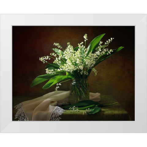 With A Bouquet Of Lilies Of The Valley White Modern Wood Framed Art Print by Skorokhod, Tatyana